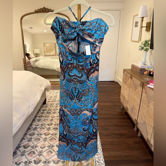 Topshop NWT Blue Paisley Cutout Backless Halter Festival Maxi Dress- Size 4 - Picture 5 of 9